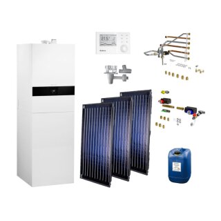 Buderus GB172i-17 kW T210SR Gas-Brennwert-Kompaktheizzentrale Paket Logasys SL109, Schichtenladespeicher 210 Liter, 3x Solarkollektor SKT1.0, Bedieneinheit RC310, Anschluss seitlich - 7739617087