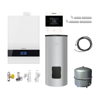 Buderus GB192i.2-15 kW Gas-Brennwert Paket Logaplus W50, Edelstahl-Warmwasserspeicher ESU200, Bedieneinheit BC400, Fernbedienung RC220, 1 Heizkreis, weiß - 7739621173