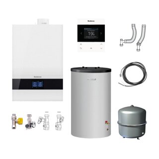 Buderus GB192i.2-15 kW Gas-Brennwert Paket Logaplus W50, Edelstahlspeicher ES120, Bedieneinheit BC400, Fernbedienung RC220, MAG 35 Liter, 1 Heizkreis, weiß - 7739621185 